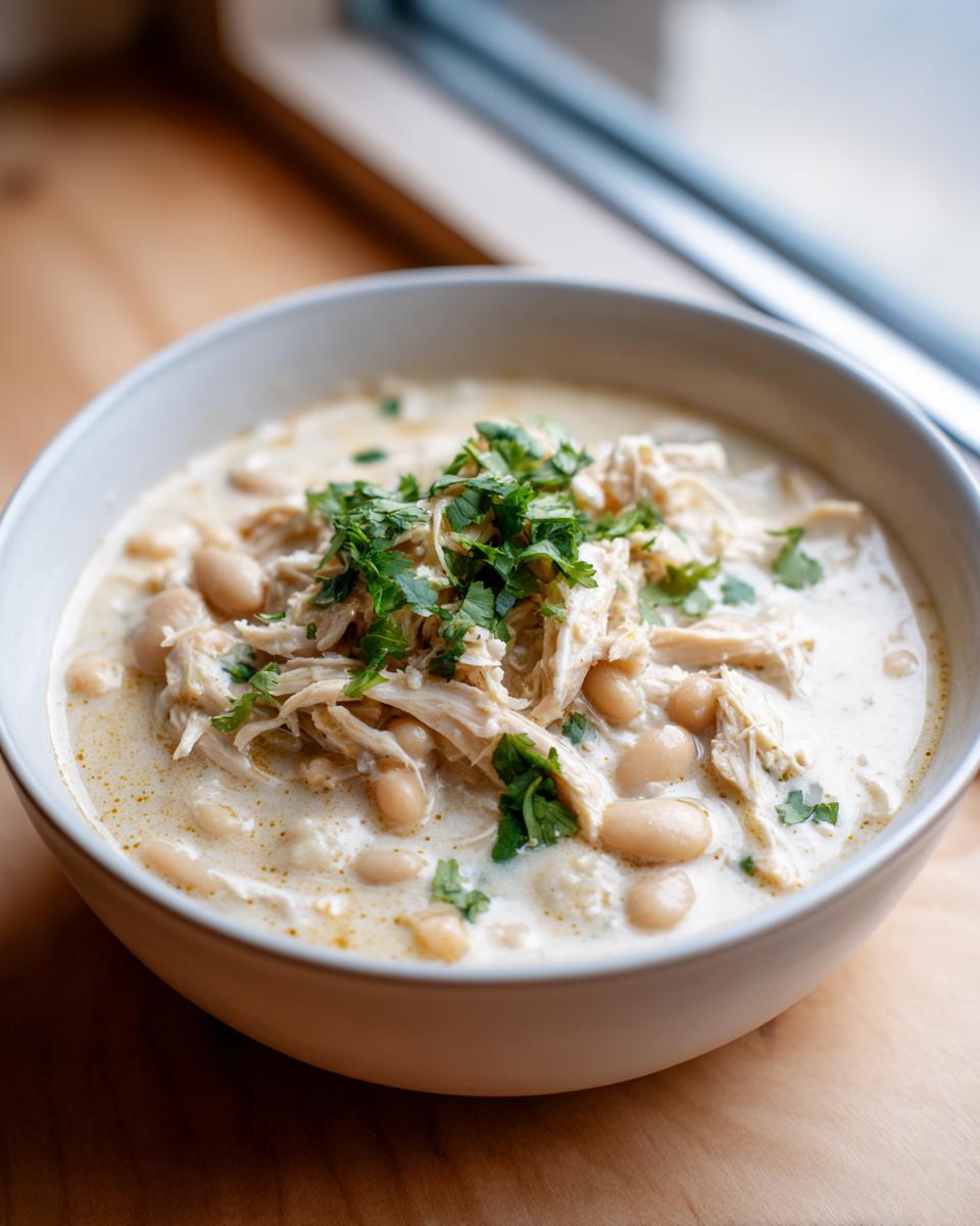 A close-up of a bowl of creamy white chicken chili, featuring shredded white chicken, white beans, and fresh cilantro topping.