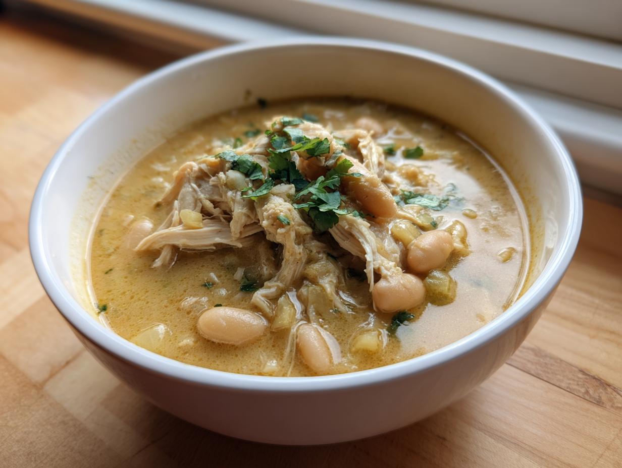 A close-up of a white bowl filled with creamy white chicken chili, featuring shredded white chicken and white beans, garnished with cilantro.