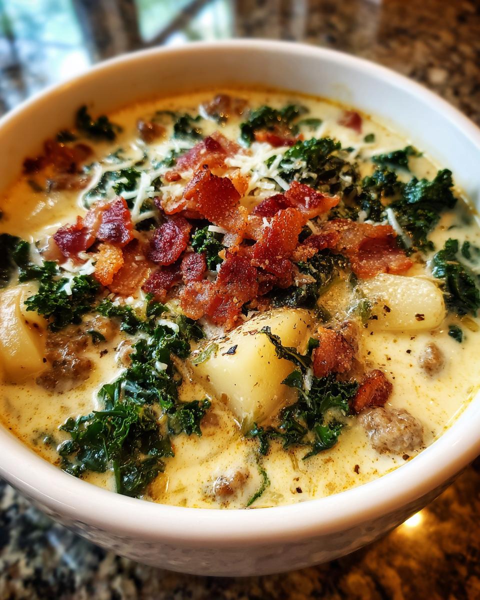 Close-up of a bowl of creamy Zuppa Toscana soup filled with potatoes, sausage, kale, and topped with crumbled bacon and grated cheese.
