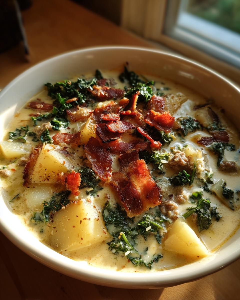 Close-up of a bowl of creamy Zuppa Toscana soup featuring chunks of potato, sausage, kale, and crispy bacon topping.