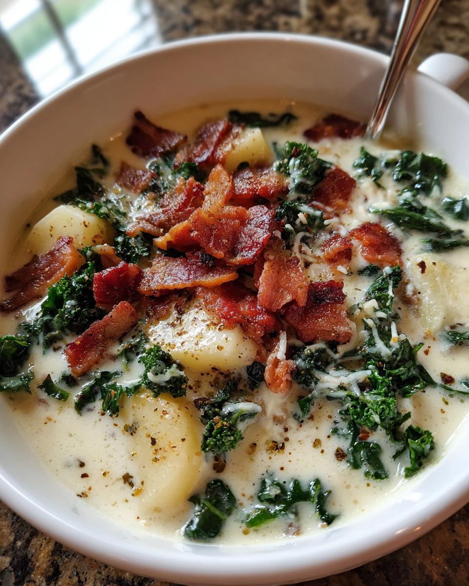 Close-up of a bowl of creamy Zuppa Toscana soup featuring potatoes, green kale, and crispy bacon crumbles.
