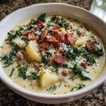 A close-up of a hearty bowl of Zuppa Toscana soup featuring sausage, potatoes, kale, and topped with crumbled bacon and Parmesan.