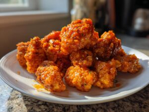 A pile of crispy, glazed Bang Bang Chicken pieces coated in a bright orange, spicy sauce, served on a white plate.