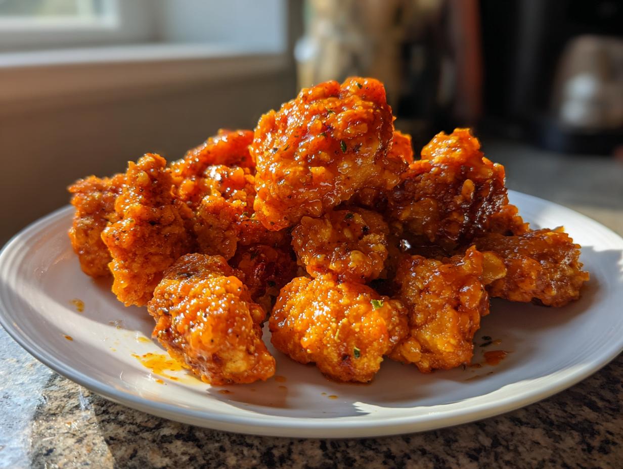 A pile of crispy, glazed Bang Bang Chicken pieces coated in a bright orange, spicy sauce, served on a white plate.