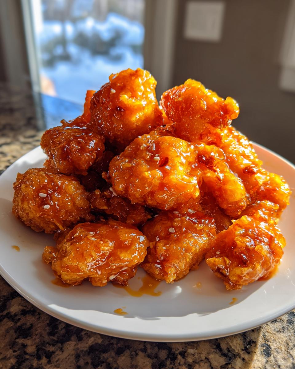 A mound of crispy, deep-fried Bang Bang Chicken pieces coated in a glossy orange sauce and sprinkled with sesame seeds.