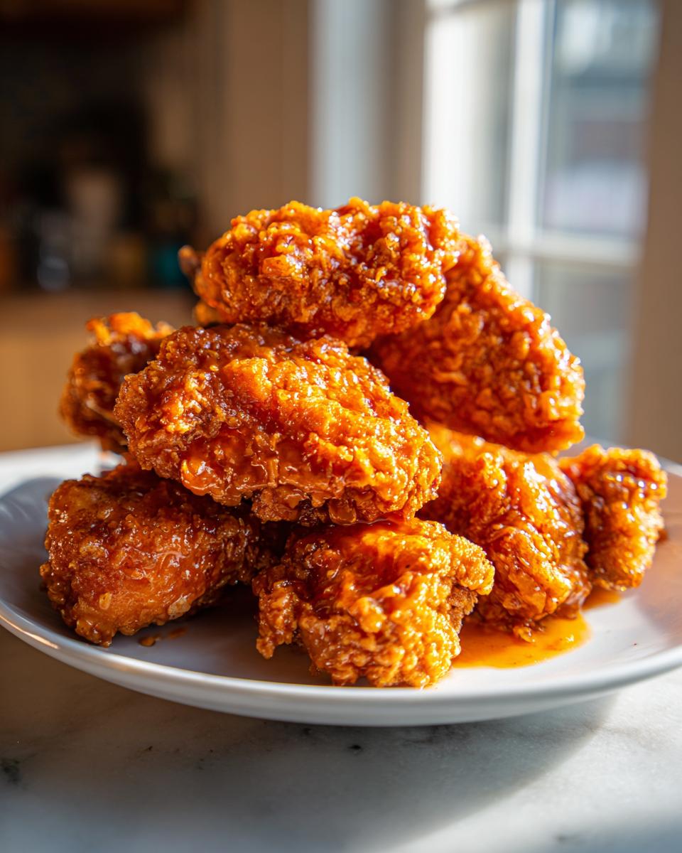 A stack of crispy, glazed Bang Bang Chicken pieces piled high on a white plate, glistening under natural light.