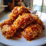 A pile of crispy, golden brown Bang Bang Chicken pieces generously coated in a sweet, sticky orange glaze and sprinkled with sesame seeds.