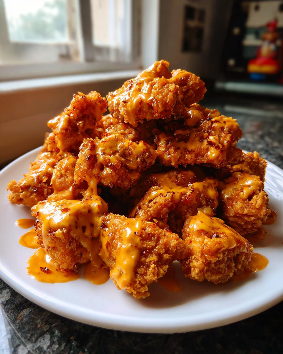 A mound of crispy fried chicken pieces generously drizzled with orange, spicy Bang Bang Chicken sauce on a white plate.