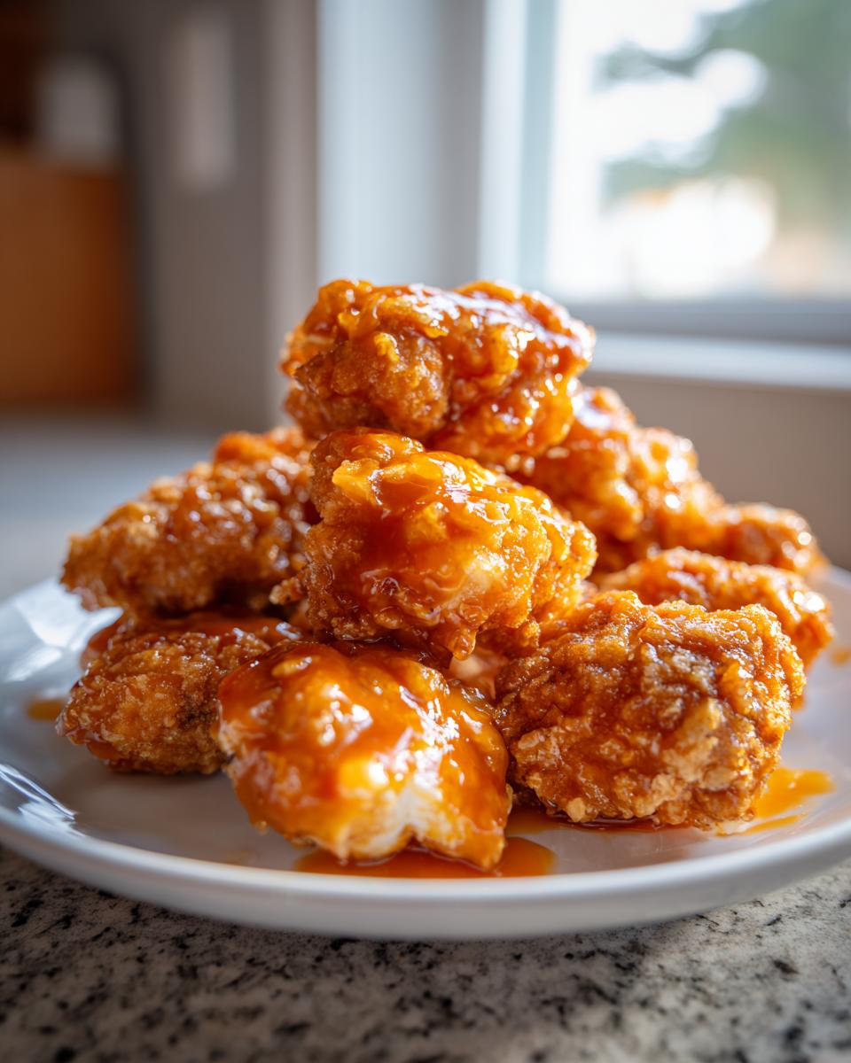Close-up of crispy, saucy Bang Bang Chicken pieces stacked on a white plate.