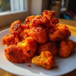 A close-up of a mound of crispy, bright orange buffalo cauliflower florets piled high on a white plate.