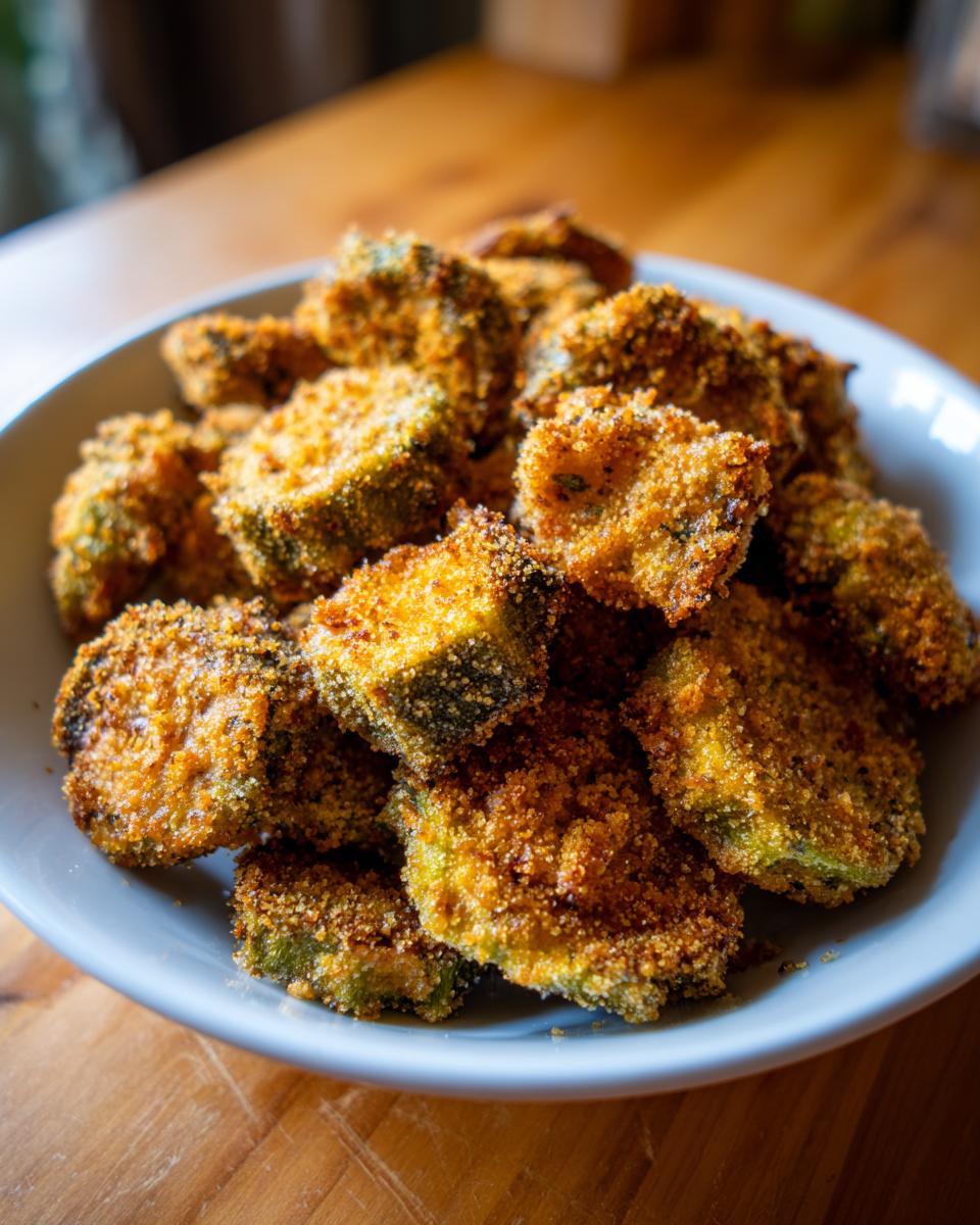 Close-up of a bowl filled with perfectly crispy, golden brown fried okra slices.