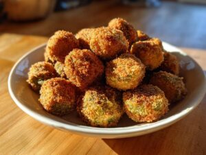 A mound of golden brown, perfectly crispy fried okra slices piled high on a white dish.