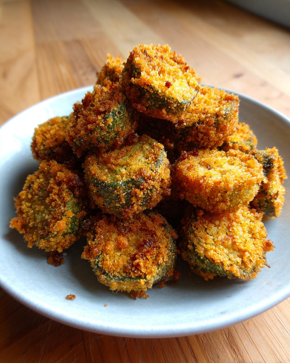 A close-up of a mound of perfectly golden and crispy fried okra slices served in a light gray bowl.