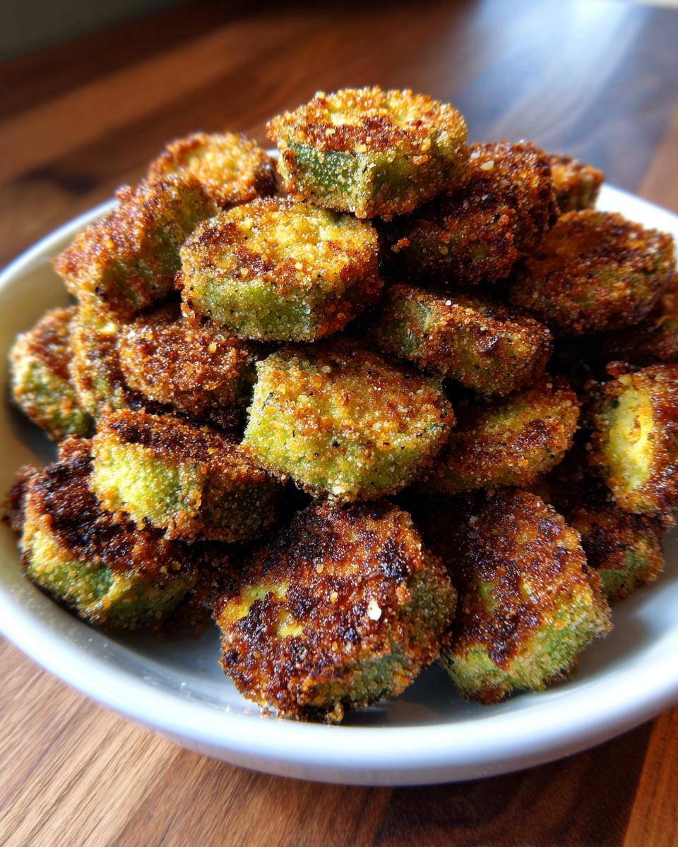 A tall pile of golden brown, crispy fried okra pieces served in a white bowl.