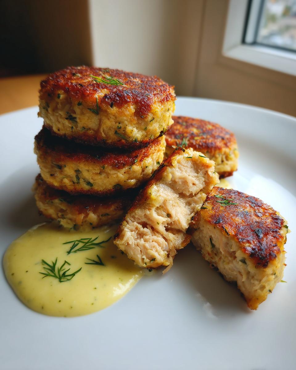 A stack of golden-brown, crispy salmon cakes served with a dollop of creamy yellow sauce and fresh dill.