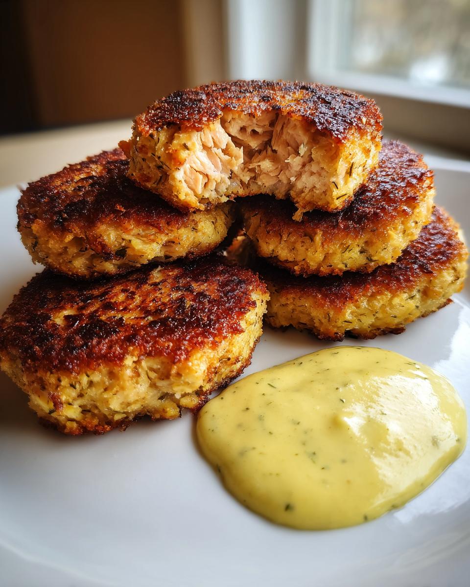 A stack of golden brown, crispy salmon cakes with one bitten into, revealing the tender interior, served with a dollop of yellow dill sauce.