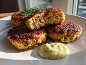 Three golden-brown, crispy salmon cakes served on a white plate with a side of creamy dill sauce.