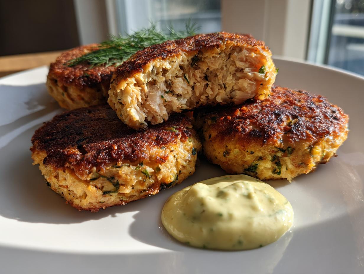 Three golden-brown, crispy salmon cakes served on a white plate with a side of creamy dill sauce.