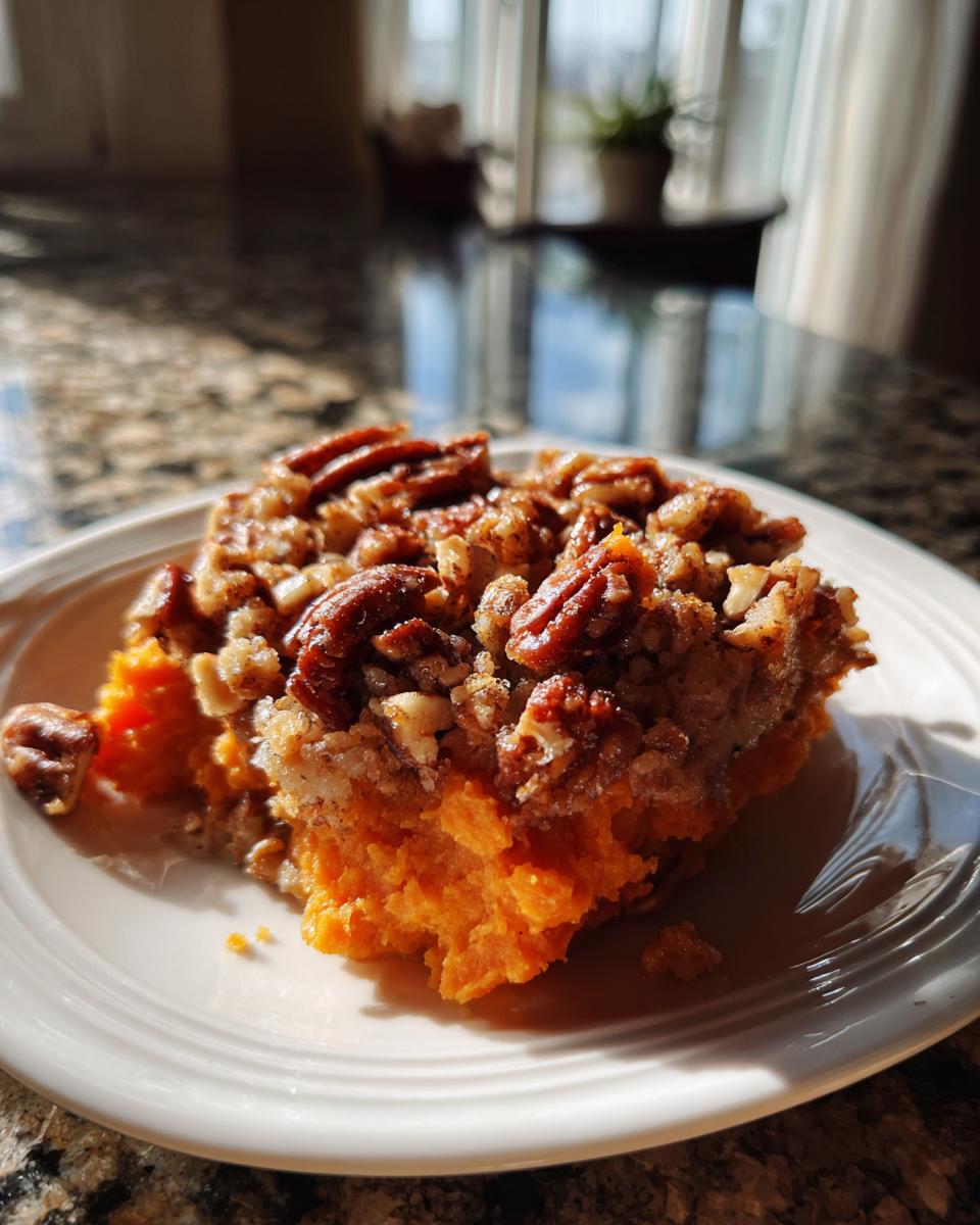 A scoop of bright orange crockpot sweet potato casserole topped with a crunchy pecan crumble, served on a white plate.