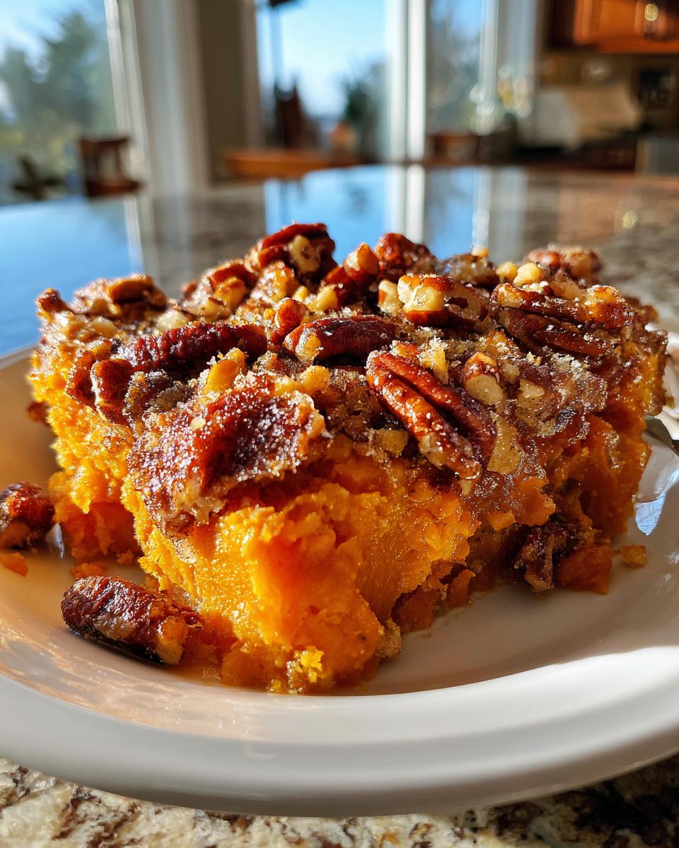 A close-up of a serving of rich, orange crockpot sweet potato casserole topped generously with candied pecans.
