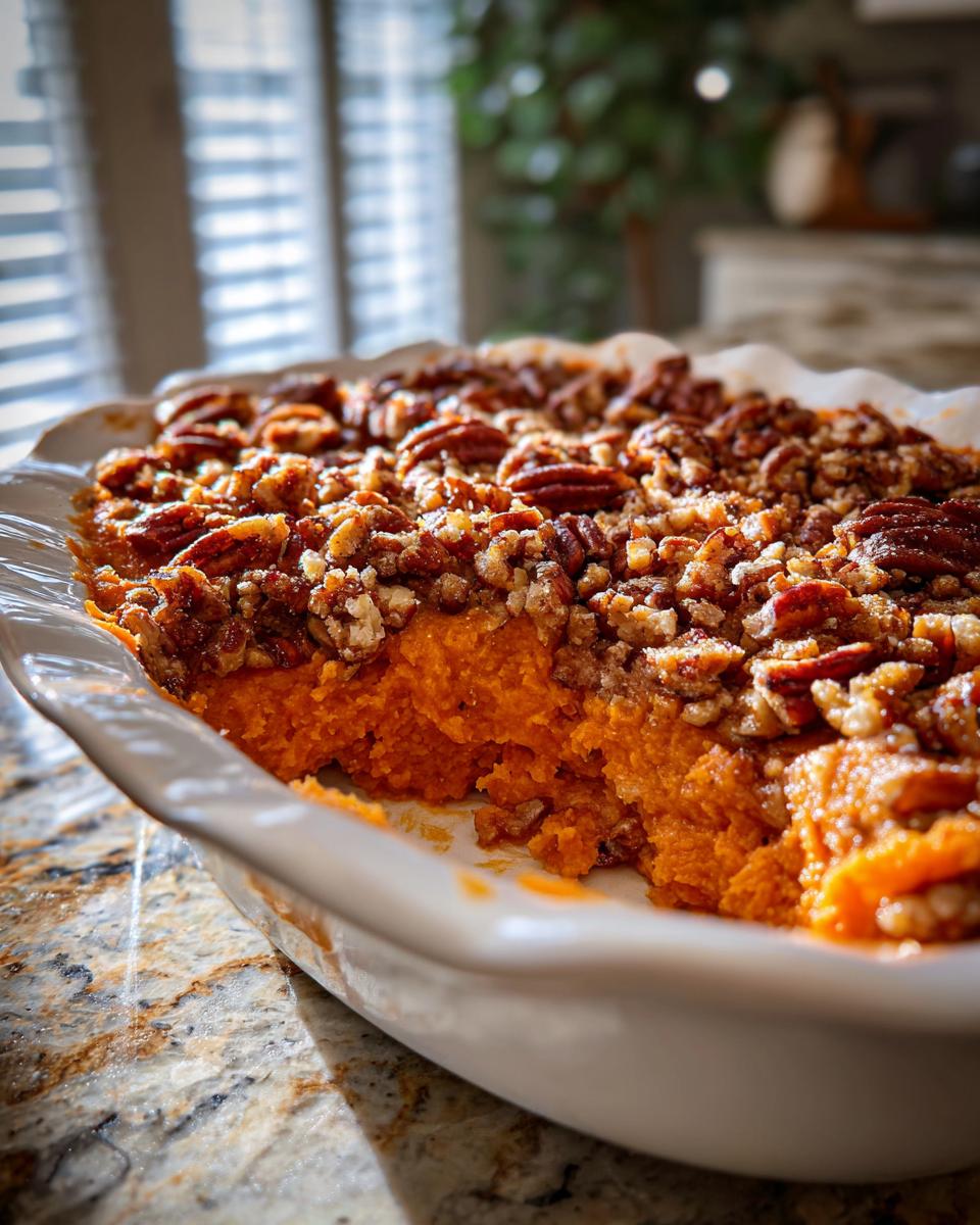 A close-up of a rich, orange crockpot sweet potato casserole topped generously with crunchy pecans.