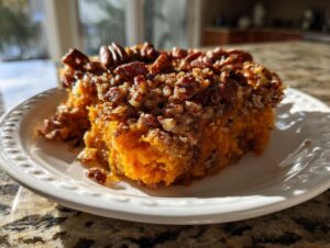 A close-up serving of rich, orange crockpot sweet potato casserole topped generously with crunchy pecans.