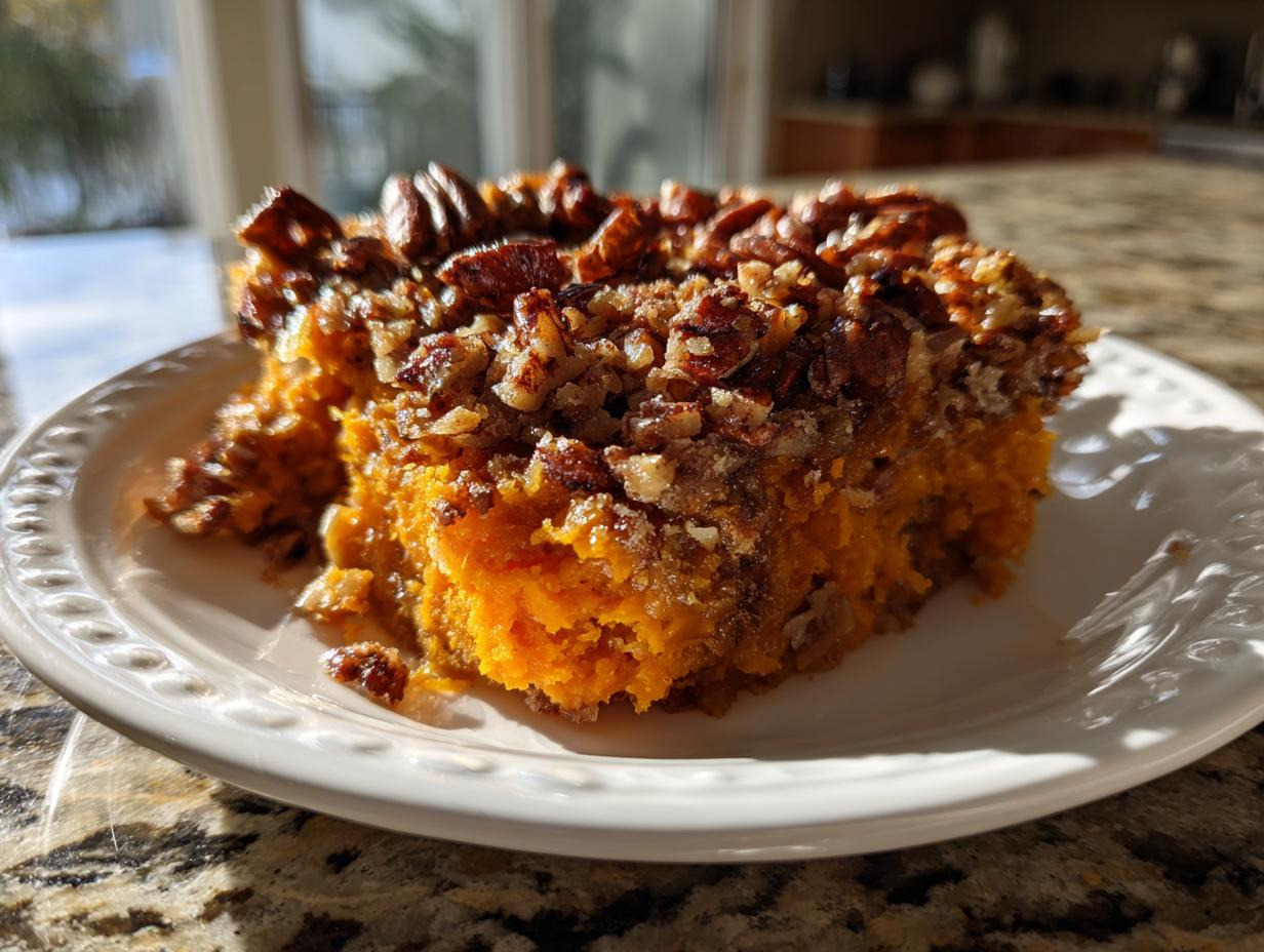 A close-up serving of rich, orange crockpot sweet potato casserole topped generously with crunchy pecans.
