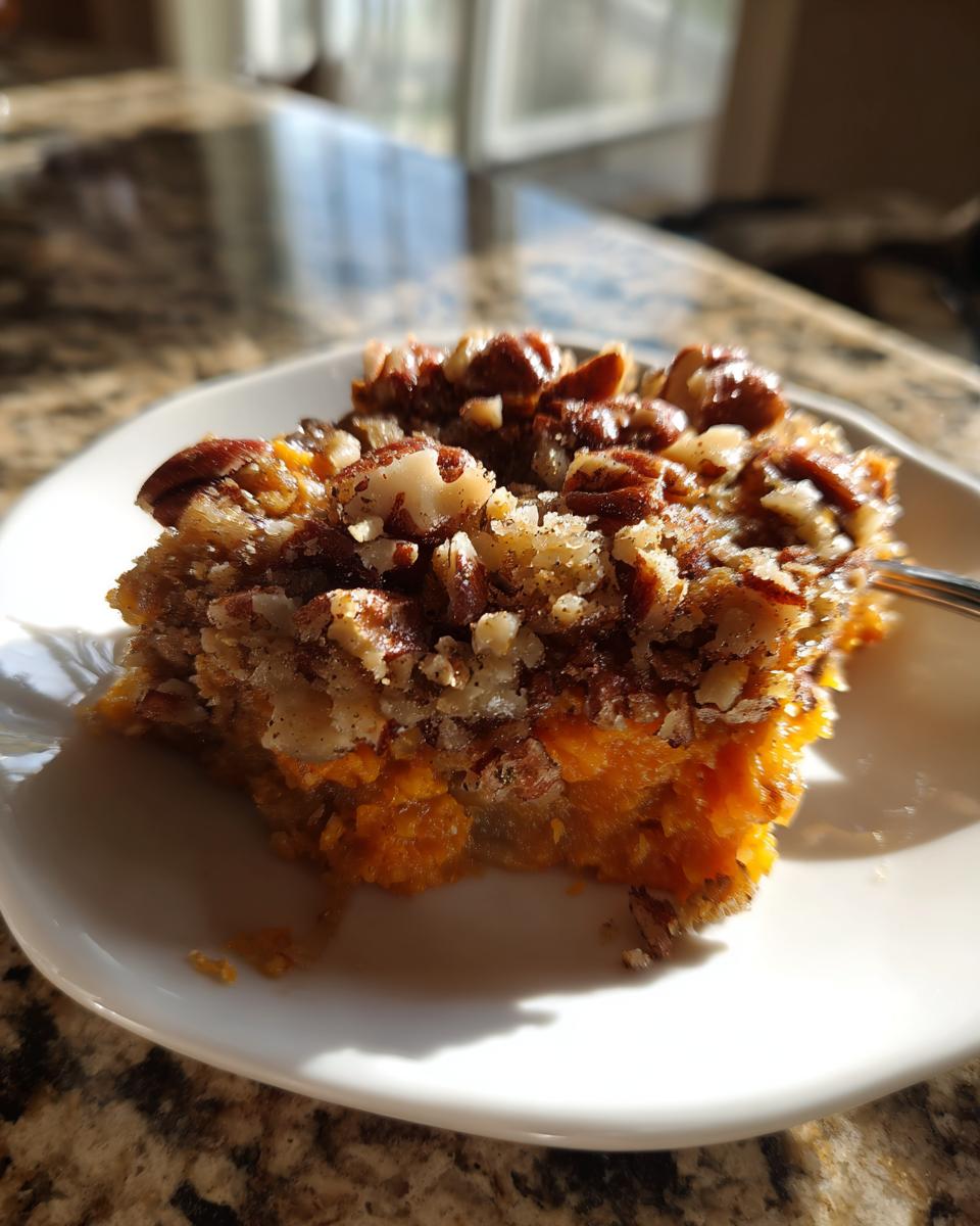 A close-up of a square serving of crockpot sweet potato casserole topped with a crunchy pecan streusel, sitting on a white plate.