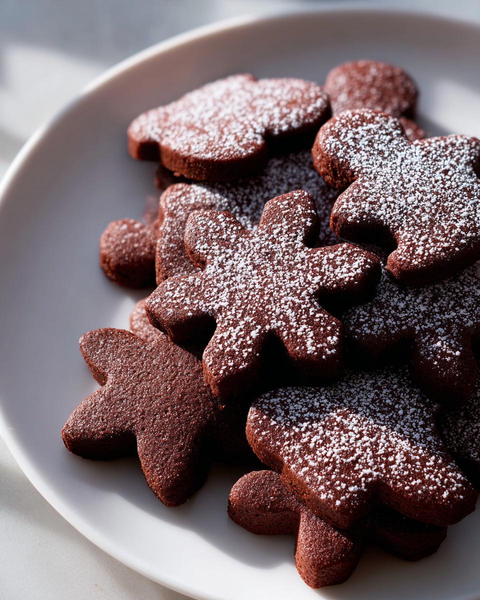 A pile of dark chocolate soft gingerbread cookies dusted lightly with powdered sugar on a white plate.