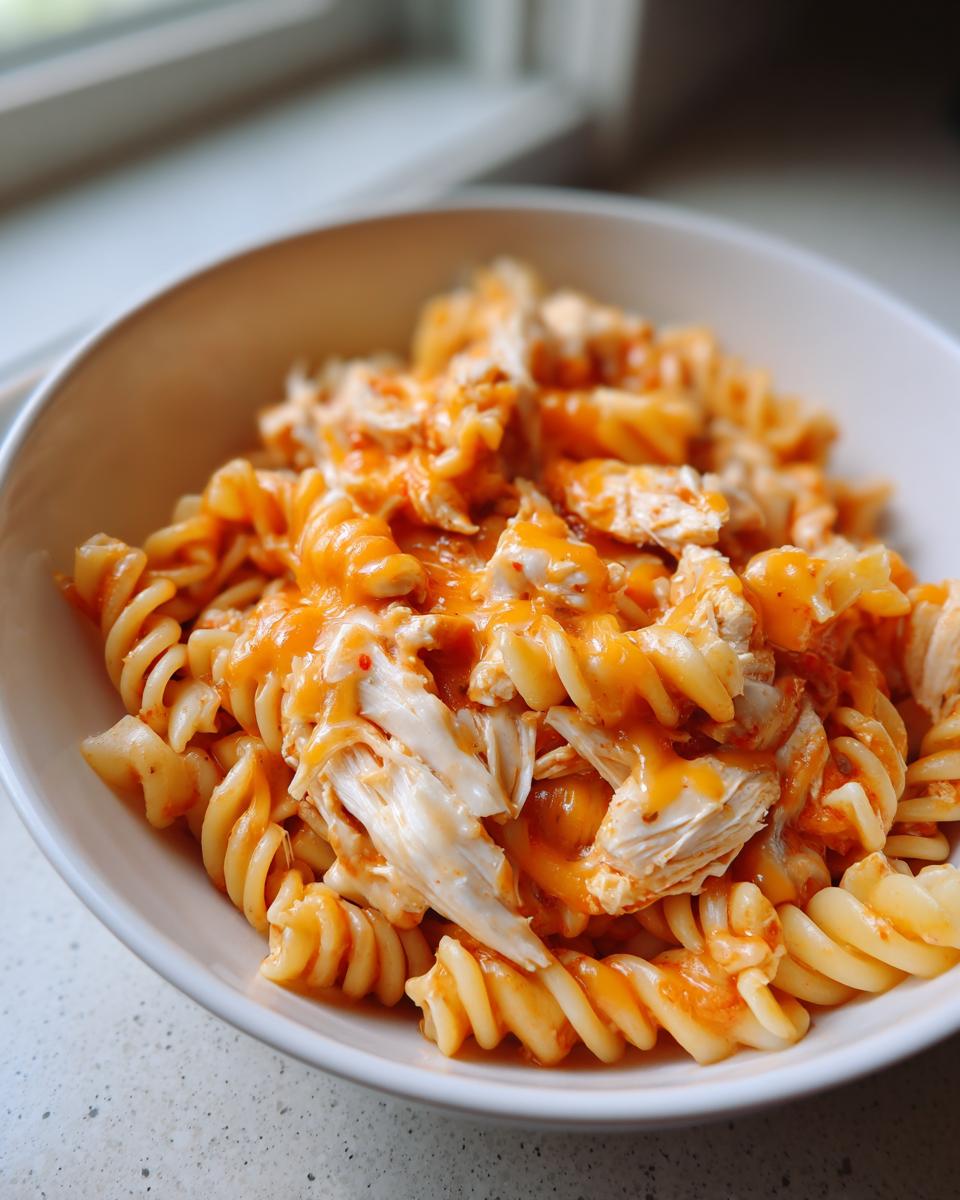 Close-up of a white bowl filled with rotini pasta, shredded chicken, and a creamy orange enchilada sauce, ready to eat enchilada pasta.