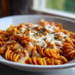 Close-up of steaming hot enchilada pasta featuring rotini noodles coated in red sauce and topped with melted white cheese and parsley.
