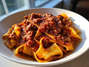 Close-up of a white bowl filled with wide pappardelle pasta generously topped with thick, rich beef ragu sauce.