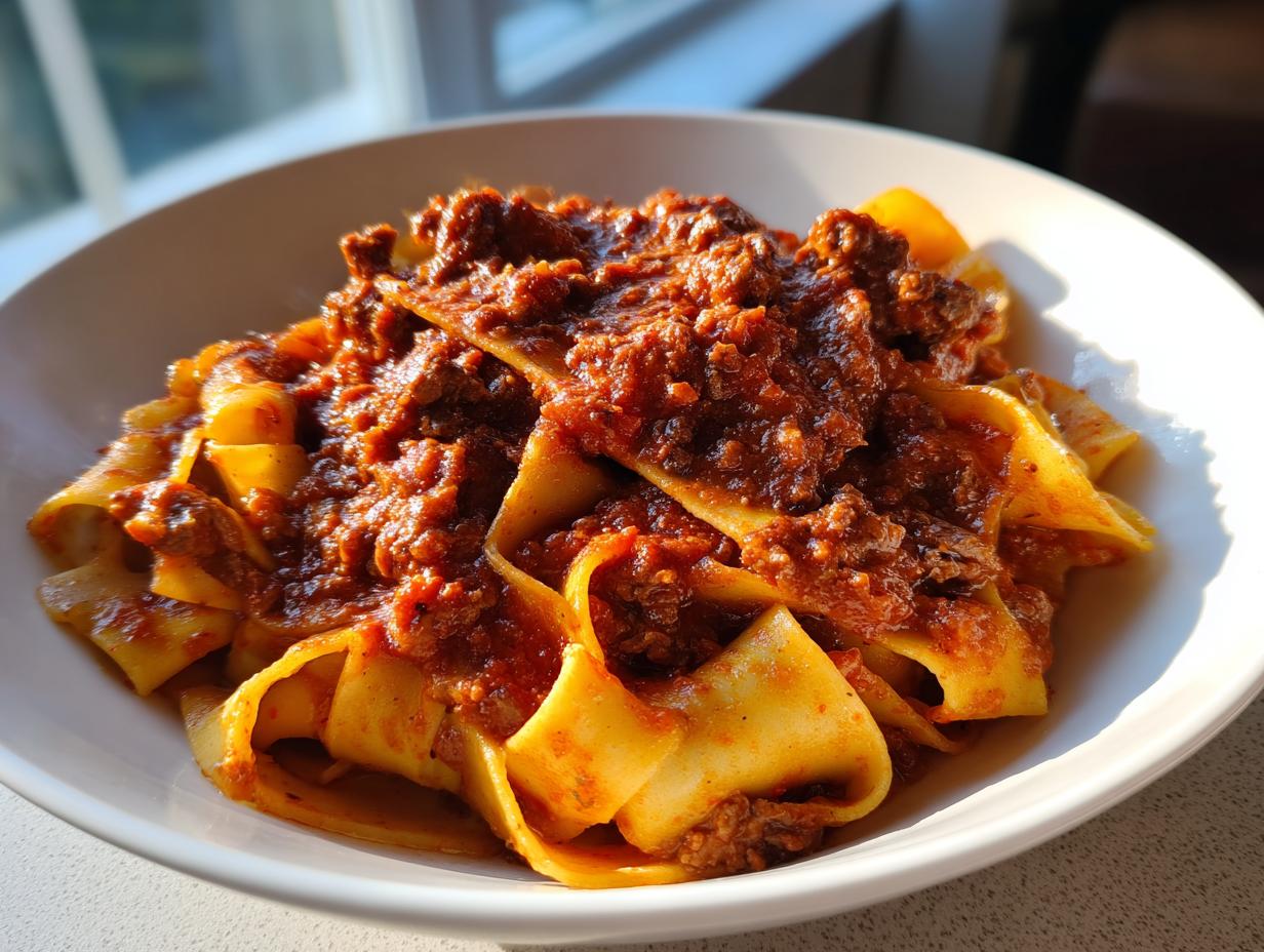Close-up of a white bowl filled with wide pappardelle pasta generously topped with thick, rich beef ragu sauce.