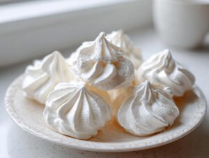 A close-up of several perfectly piped, bright white meringue cookies resting on a decorative light-colored plate.