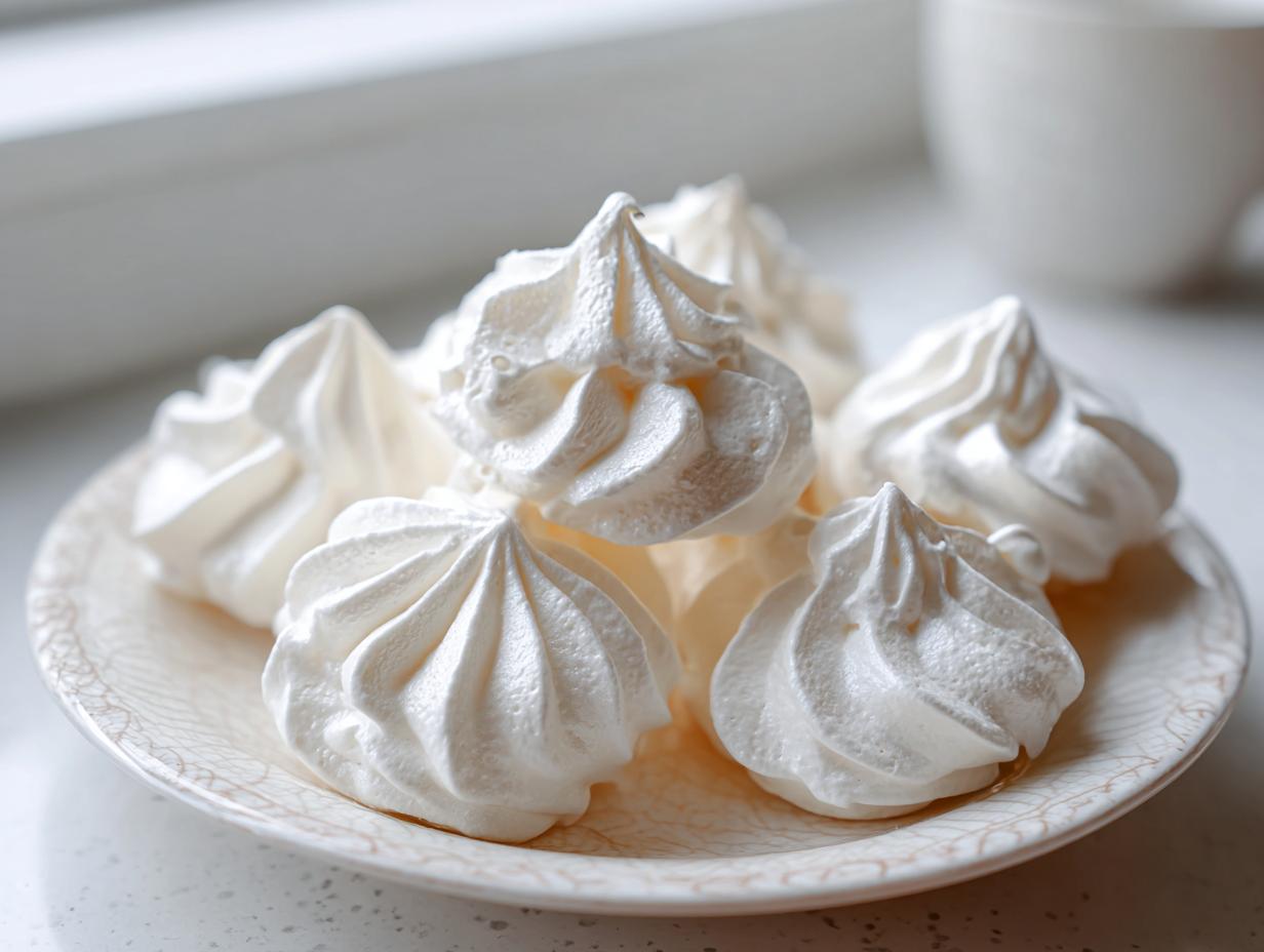 A close-up of several perfectly piped, bright white meringue cookies resting on a decorative light-colored plate.