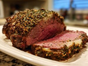 Close-up of a perfectly cooked medium-rare rib roast, sliced to show the pink center and thick herb crust.