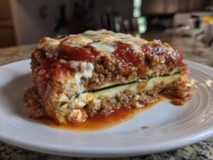A thick, layered slice of zucchini lasagna featuring meat sauce, ricotta, and melted cheese on a white plate.