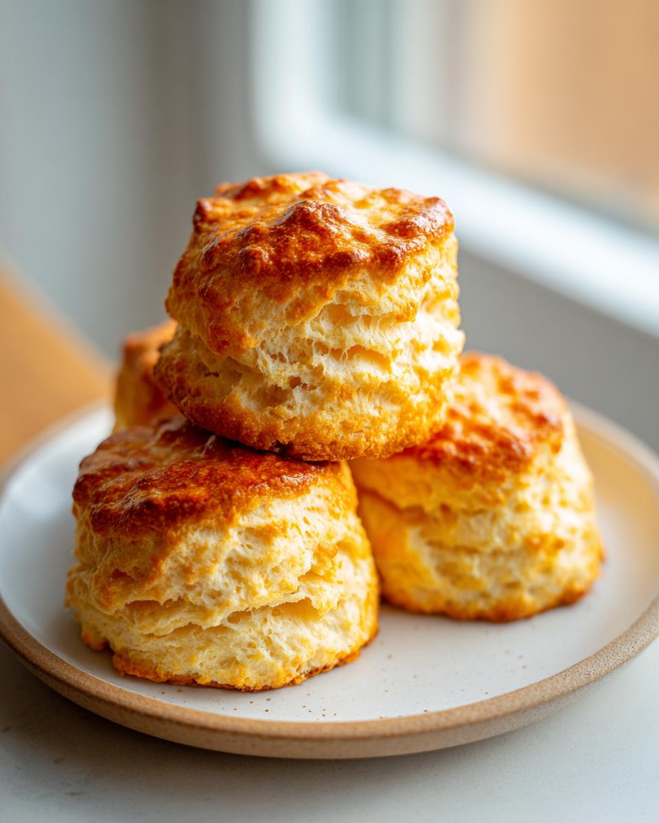 A stack of three golden brown, fluffy buttermilk scones with flaky layers, presented on a light ceramic plate.
