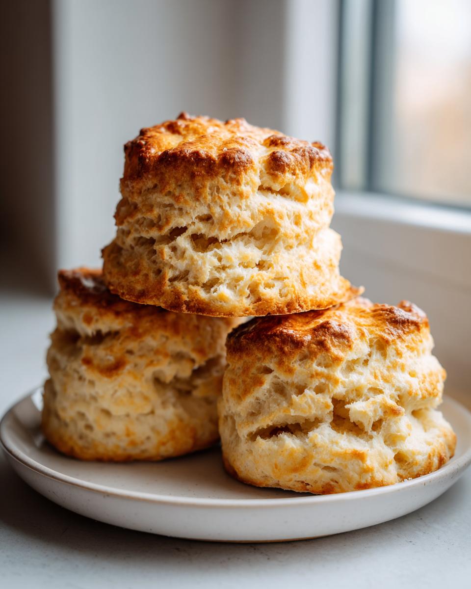 Three tall, flaky, golden-brown scones stacked on a small white plate, showcasing their buttery layers.