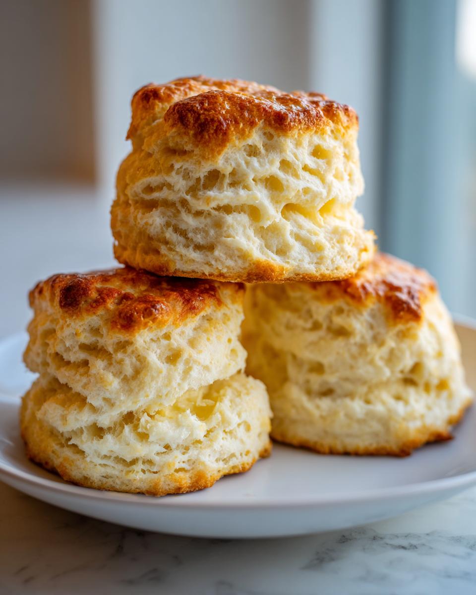 Three tall, flaky, golden-brown scones stacked and arranged on a white plate, showcasing their fluffy interior.