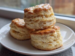 Close-up of three tall, flaky, buttery scones stacked on a small white plate, showing their layers.
