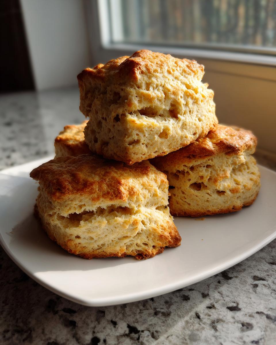 A stack of four golden brown, fluffy scones with visible layers, served on a white plate near a window.