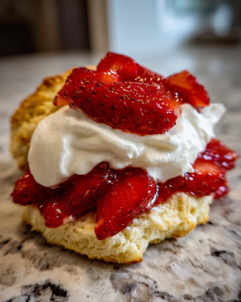 Close-up of a fluffy biscuit topped with macerated strawberries and whipped cream, showcasing a perfect shortcake.