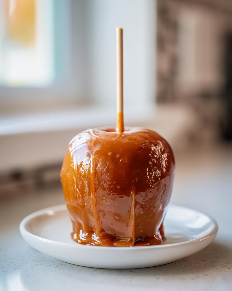 A single, glossy caramel apple sits on a small white plate, dripping with thick caramel sauce.