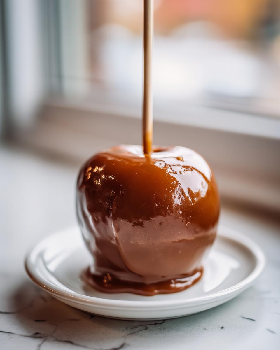 A glossy, freshly made caramel apple on a stick, sitting on a small white plate, showcasing the rich coating.