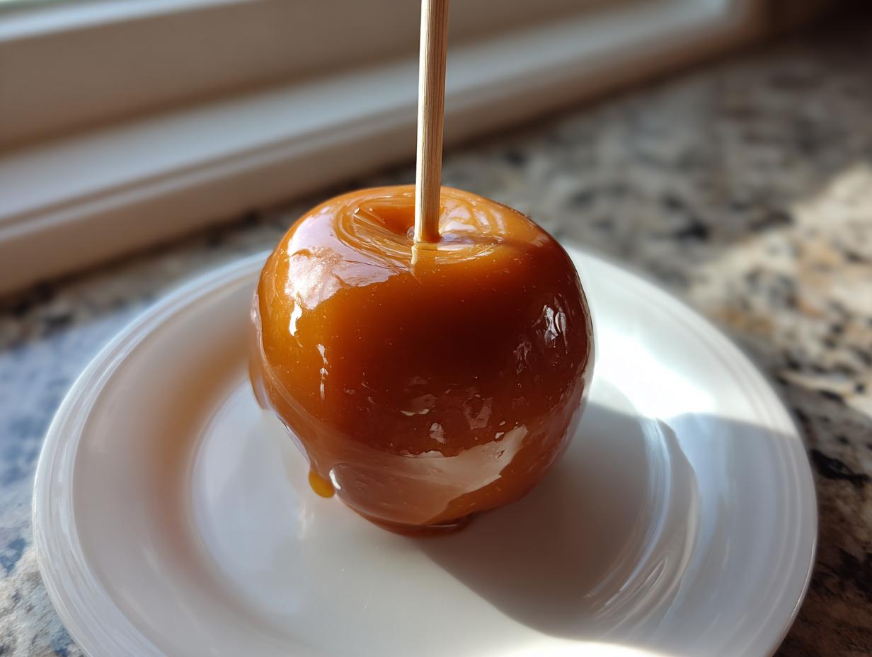 A single, glossy caramel apple on a stick, resting on a white plate, ready to eat.