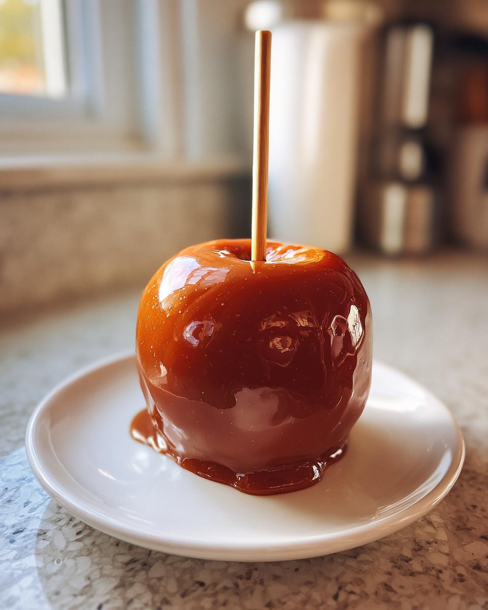 A single, glossy caramel apple with a wooden stick inserted, resting on a small white plate.