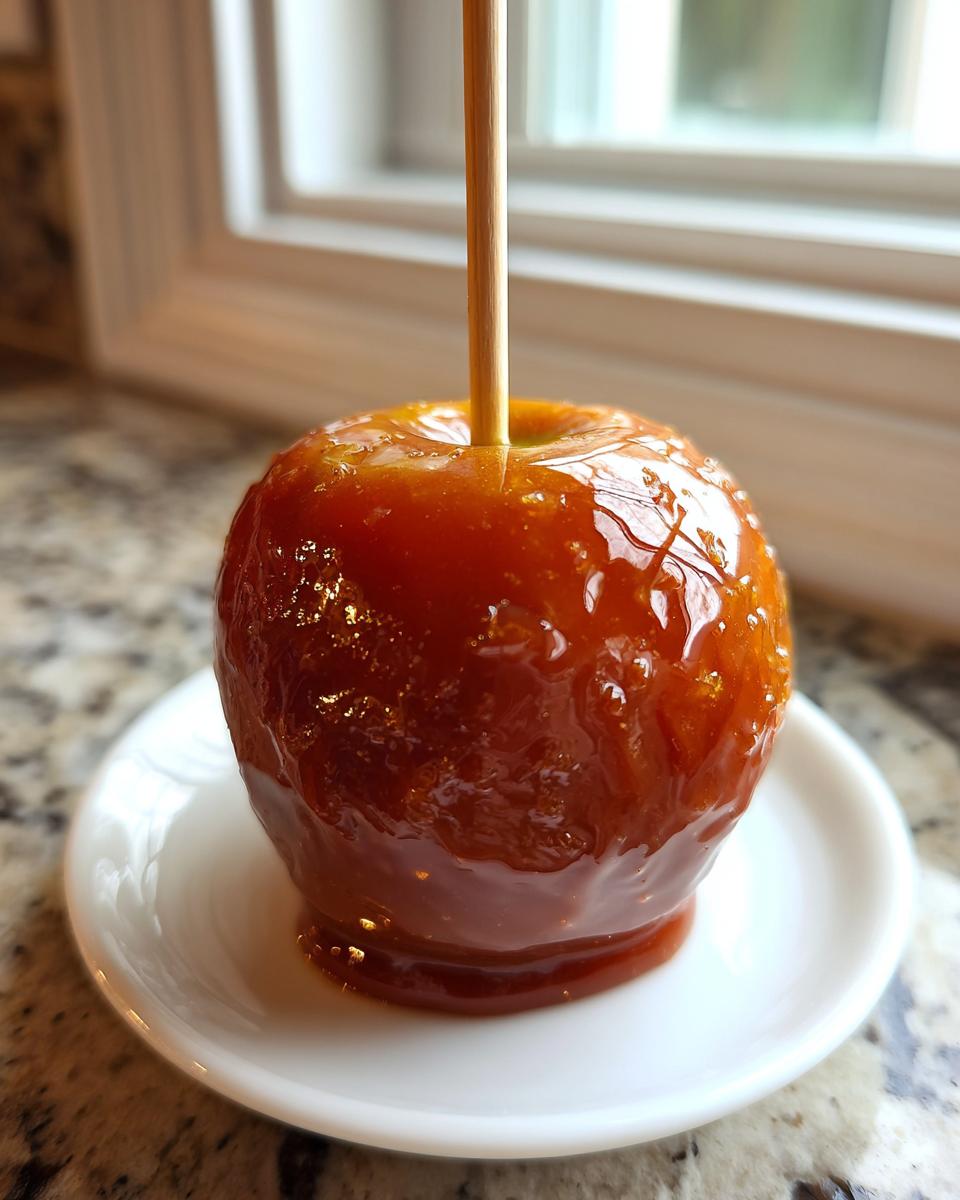 A close-up of a single, glossy caramel apple on a white saucer, ready to eat.