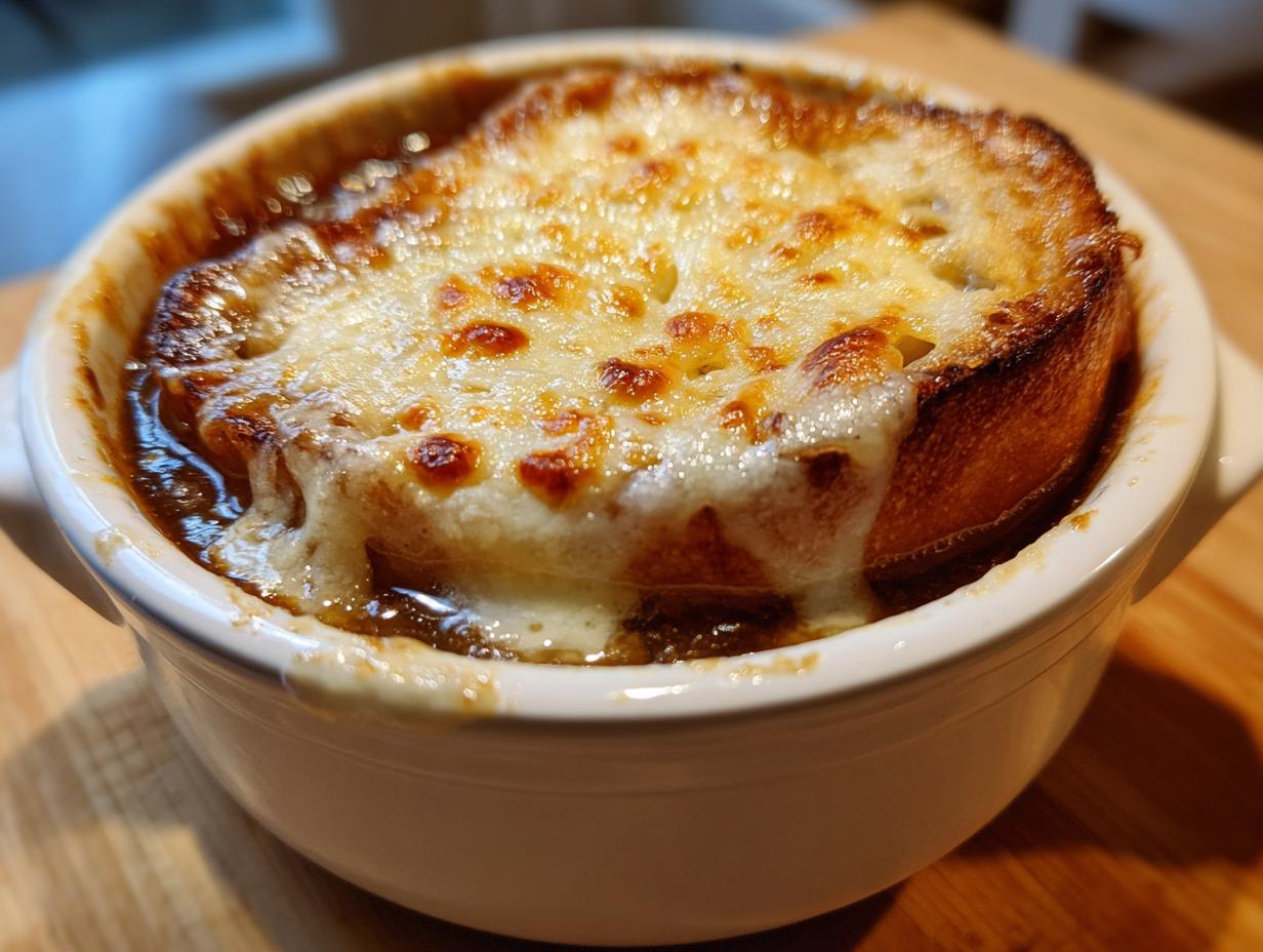 Close-up of a bowl of rich french onion soup topped with a thick layer of melted, browned Gruyère cheese and toasted bread.