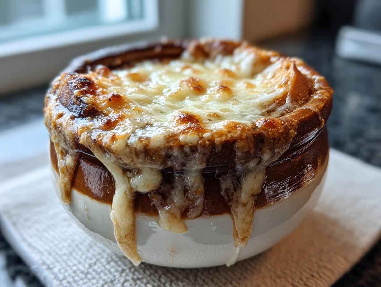 Close-up of a crock of french onion soup recipe topped with melted, browned Gruyère cheese and dripping down the sides.